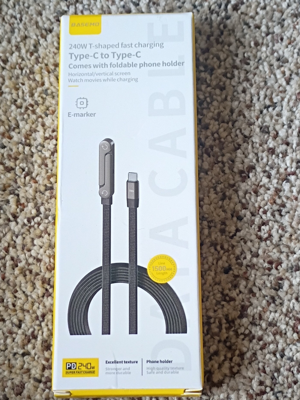 240W Black Type-C to Type-C Fast Charging Cable with Foldable Phone Holder